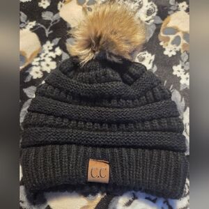 C.C  Black Beanie with Faux Fur Pom